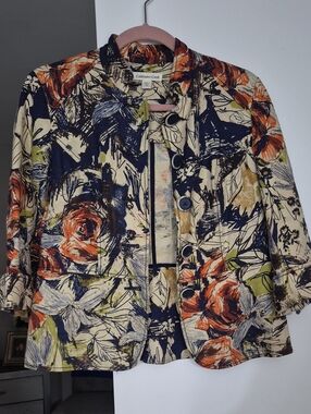 Coldwater Creek Floral Button-Front Jacket in Cream, Navy, Orange